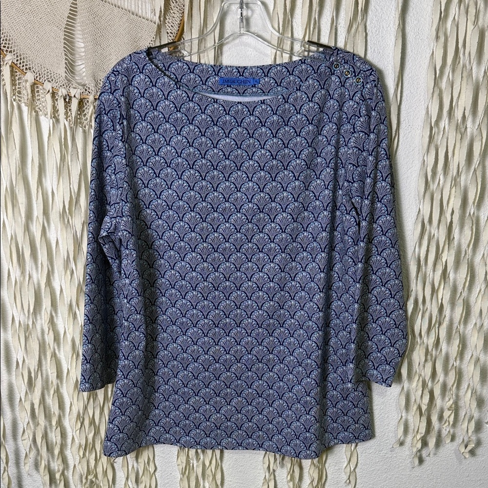 J. McLaughlin Blue Printed Boatneck Long-Sleeve Top - Picture 2 of 14